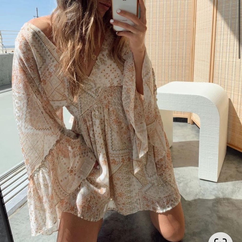12th Tribe Cream and Tan Long Sleeve Boho Mini Dress